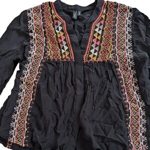 Blank London Black Embroidered Peasant Blouse XS Long Sleeve Boho V-Neck Top